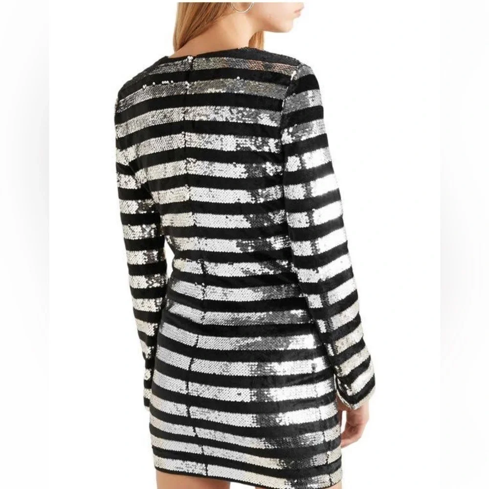 RtA Silver Sequin and Black Velvet Striped Lomg Sleeve Bodycon Mini Dress